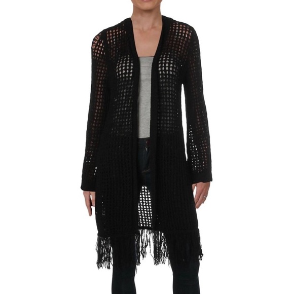BCBGMaxAzria Sweaters - BCBG Maxazria | Black Long Open Front Crochet Festival Cardigan Fringe Hem Large